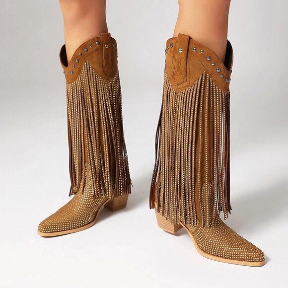 Black Rhinestone Fringe Cowgirl Boots Women Sparkly Western Pointed Toe Heel - Picture 6 of 6